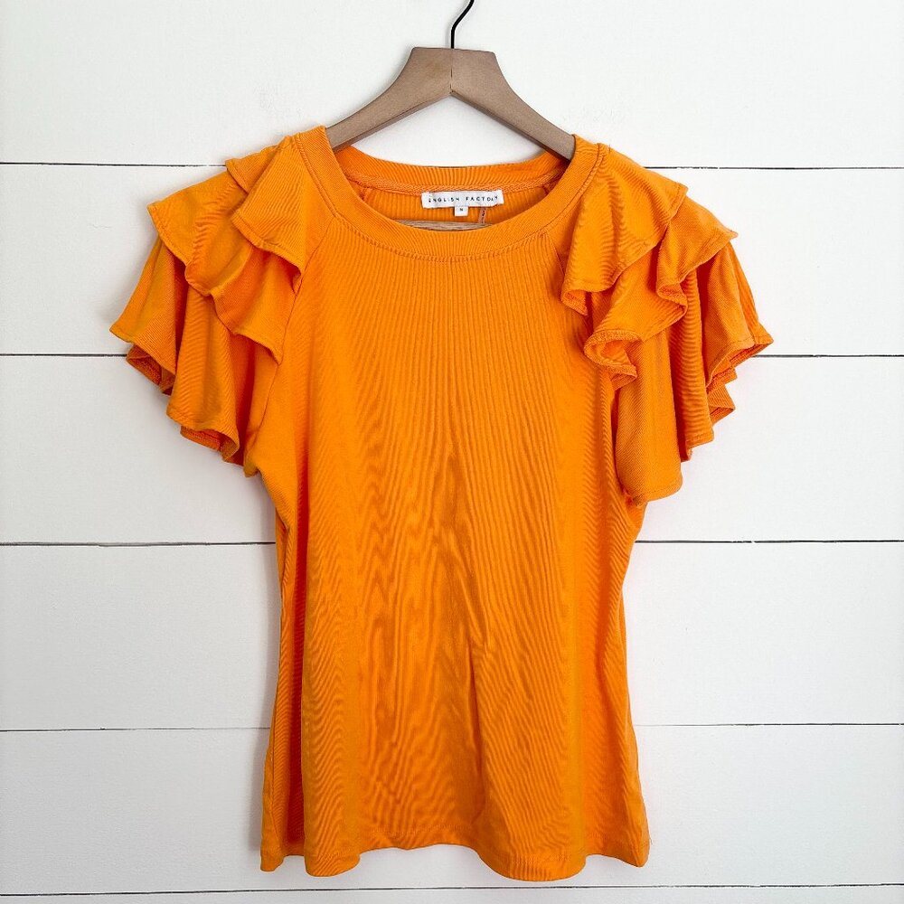 English Factory orange top with tiered ruffle sleeves
